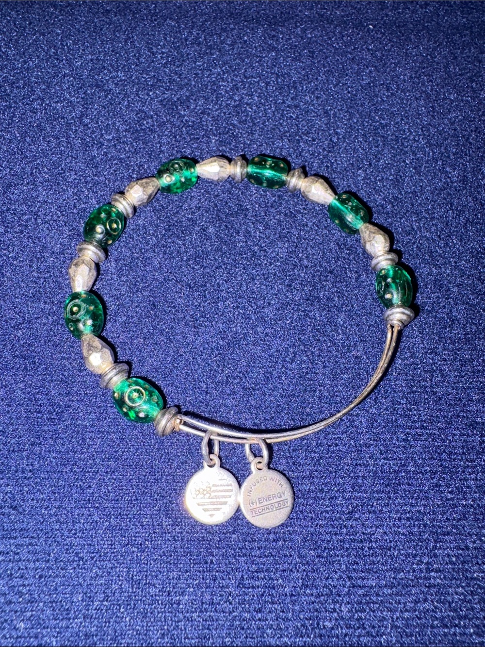 Alex and Ani Green Glass Bead Charm Bangle Bracelet
